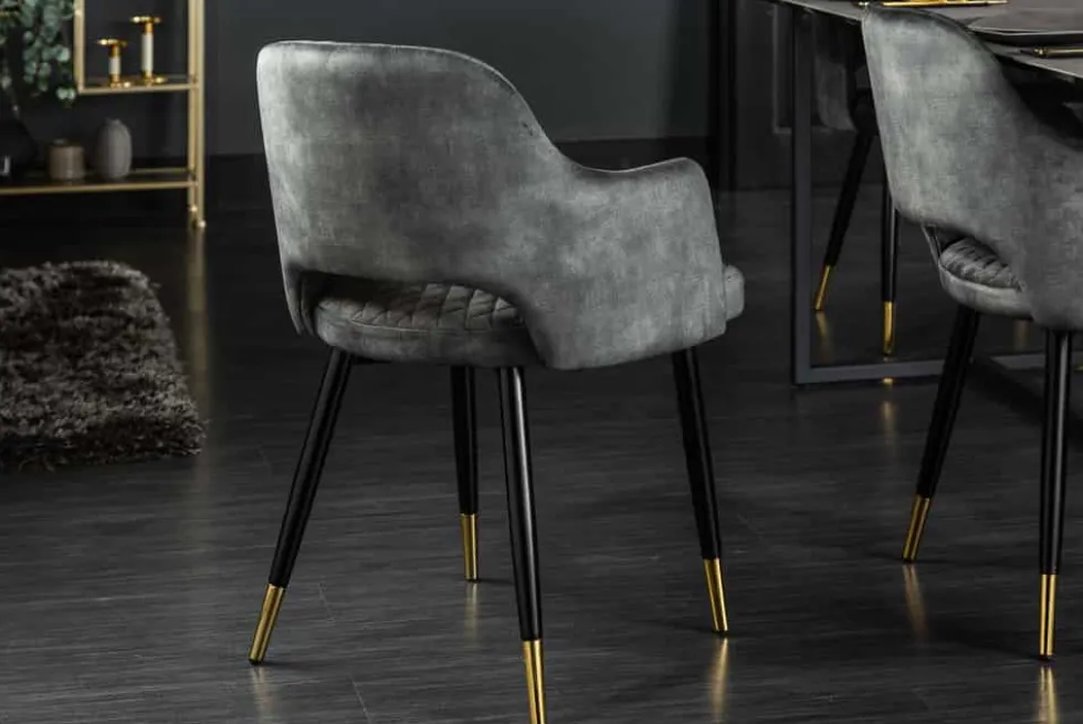 Design Stuhl PARIS grün Samt mit Armlehnen Ziersteppung goldene Fußkappen