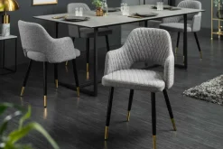 Design Stuhl PARIS hellgrau Strukturstoff mit Armlehnen Ziersteppung goldene Fußkappen