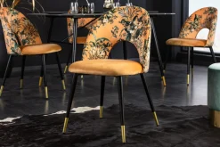Design Stuhl PRÊT-À-PORTER gelb Samt florales Muster und goldene Fußkappen