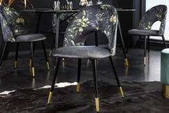 Design Stuhl PRÊT-À-PORTER grau Samt florales Muster und goldene Fußkappen