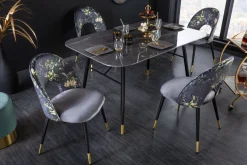 Design Stuhl PRÊT-À-PORTER grau Samt florales Muster und goldene Fußkappen