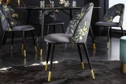 Design Stuhl PRÊT-À-PORTER grau Samt florales Muster und goldene Fußkappen