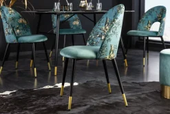 Design Stuhl PRÊT-À-PORTER türkis Samt florales Muster und goldene Fußkappen