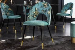 Design Stuhl PRÊT-À-PORTER türkis Samt florales Muster und goldene Fußkappen
