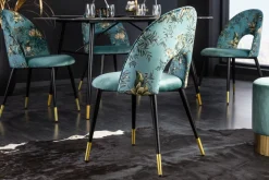 Design Stuhl PRÊT-À-PORTER türkis Samt florales Muster und goldene Fußkappen