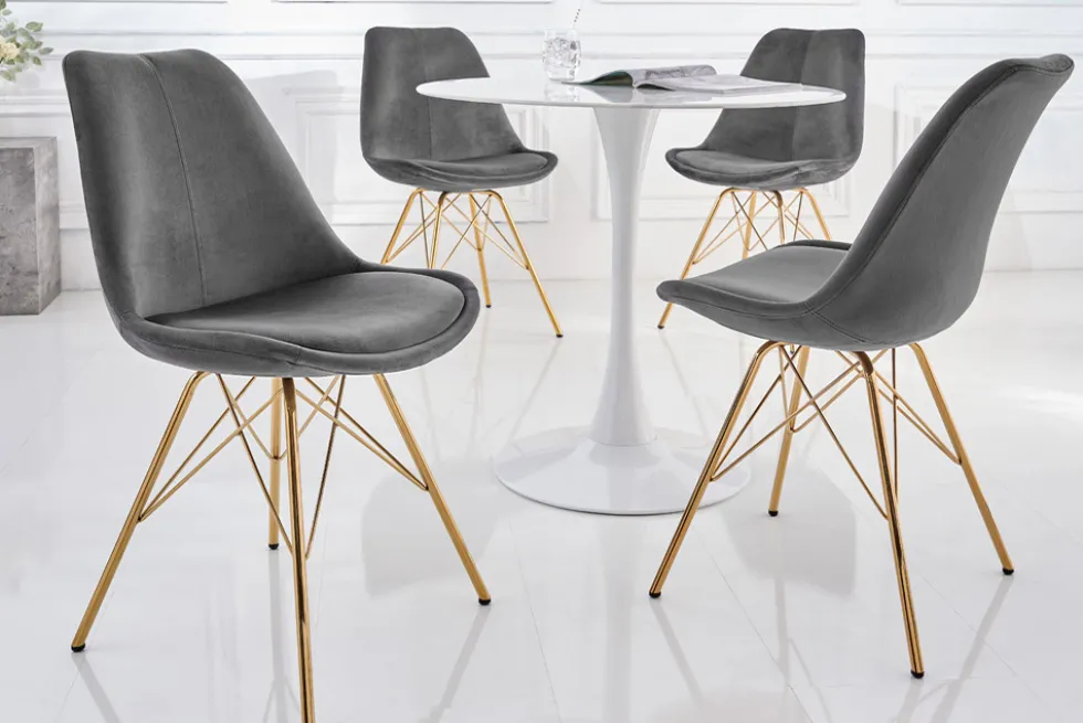 Design Stuhl SCANDINAVIA MEISTERSTÜCK dunkelgrau Samt goldene Beine