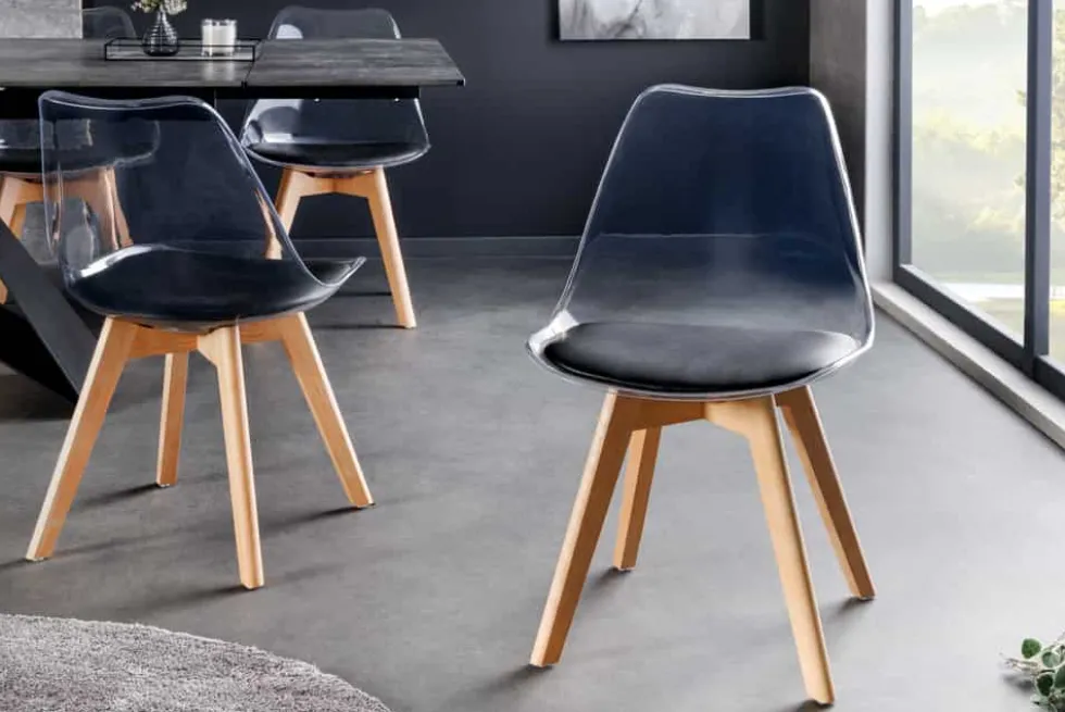 Design Stuhl SCANDINAVIA MEISTERSTÜCK transparent schwarz Kunststoff Buchenholz natur