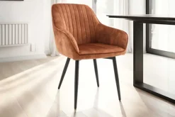 Design Stuhl TURIN rost braun Samt mit Ziersteppung und Armlehne schwarz Metall