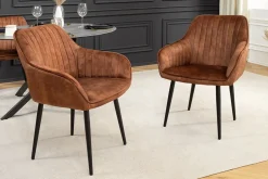 Design Stuhl TURIN rost braun Samt mit Ziersteppung und Armlehne schwarz Metall