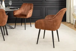 Design Stuhl TURIN rost braun Samt mit Ziersteppung und Armlehne schwarz Metall