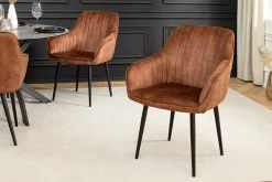 Design Stuhl TURIN rost braun Samt mit Ziersteppung und Armlehne schwarz Metall