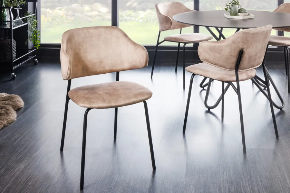Design Stuhl VOGUE champagner greige Samt schwarze Metallbeine