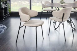 Design Stuhl VOGUE greige Bouclé schwarze Metallbeine