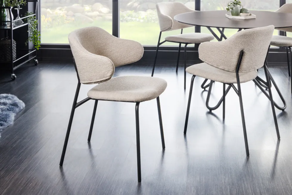 Design Stuhl VOGUE greige Bouclé schwarze Metallbeine