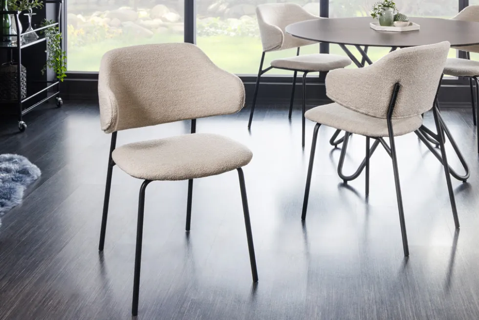 Design Stuhl VOGUE greige Bouclé schwarze Metallbeine