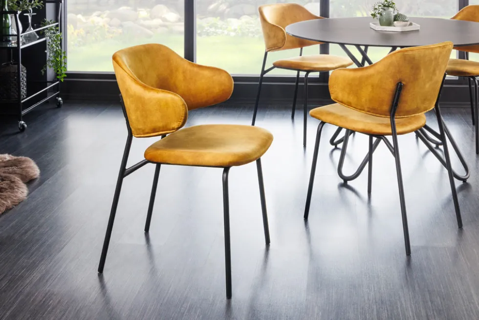 Design Stuhl VOGUE senfgelb Samt schwarze Metallbeine