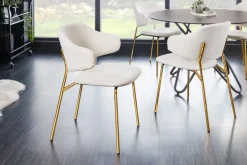 Design Stuhl VOGUE weiß Bouclé goldene Metallbeine