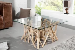 Design Teakholz Couchtisch DRIFTWOOD 80cm mit Glasplatte eckig