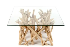 Design Teakholz Couchtisch DRIFTWOOD 80cm mit Glasplatte eckig