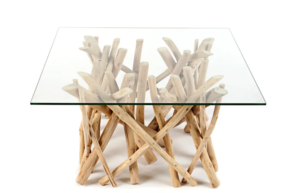 Design Teakholz Couchtisch DRIFTWOOD 80cm mit Glasplatte eckig