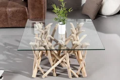 Design Teakholz Couchtisch DRIFTWOOD 80cm mit Glasplatte eckig