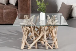 Design Teakholz Couchtisch DRIFTWOOD 80cm mit Glasplatte eckig