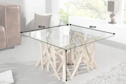 Design Teakholz Couchtisch DRIFTWOOD 80cm mit Glasplatte eckig