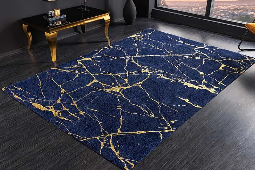 Design Teppich MARBLE 240x160cm königsblau gold Marmor-Optik Flachgewebe