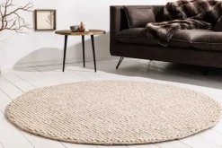 Design Teppich WOOL 150cm beige rund Wolle Handarbeit