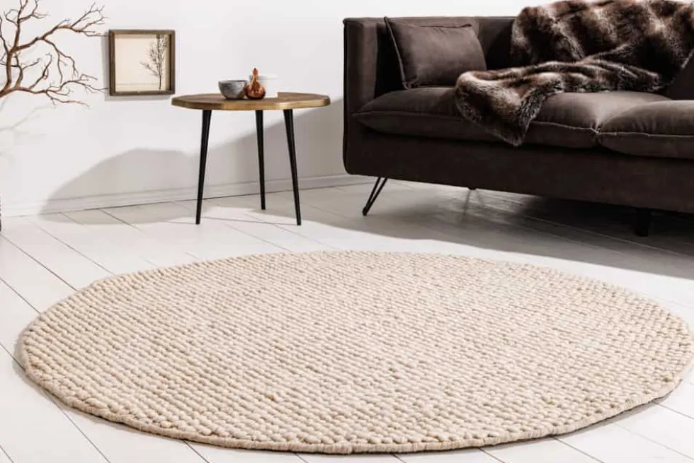 Design Teppich WOOL 150cm beige rund Wolle Handarbeit