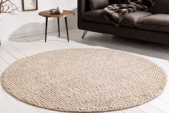 Design Teppich WOOL 150cm beige rund Wolle Handarbeit