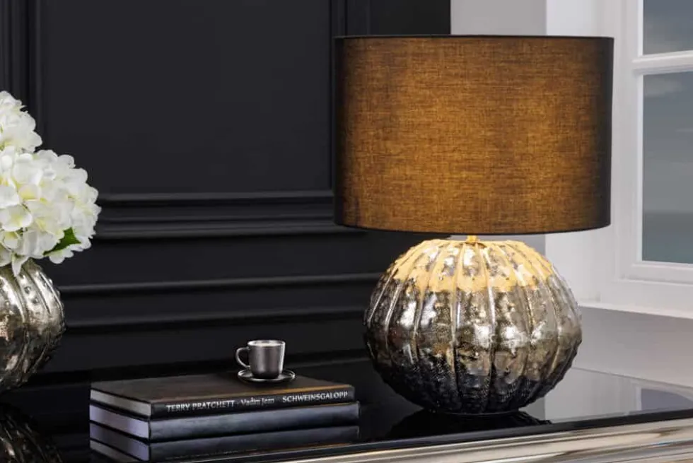 Design Tischlampe ABSTRACT 50cm silber schwarz Metall Stoffschirm handmade