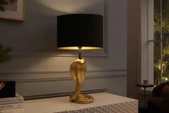 Design Tischlampe COBRA 65cm gold Schlangen Skulptur schwarzer Stoffschirm