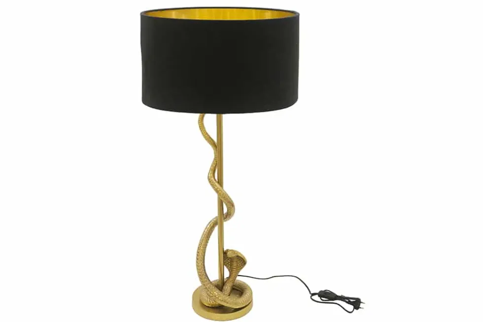 Design Tischlampe COBRA 110cm gold Schlangen Skulptur schwarzer Stoffschirm