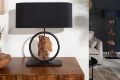 Design Tischlampe ELEMENTS 58cm schwarz Baumwollschirm Fuß mit Massivholz