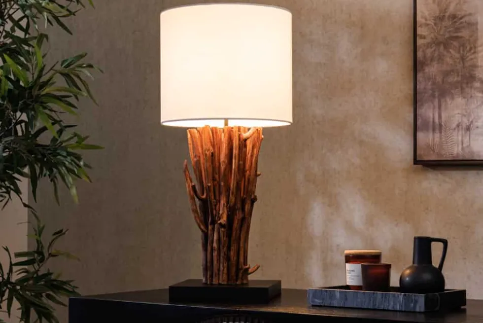 Design Tischlampe EUPHORIA 60cm natur weiß rund Massivholz handgearbeitet