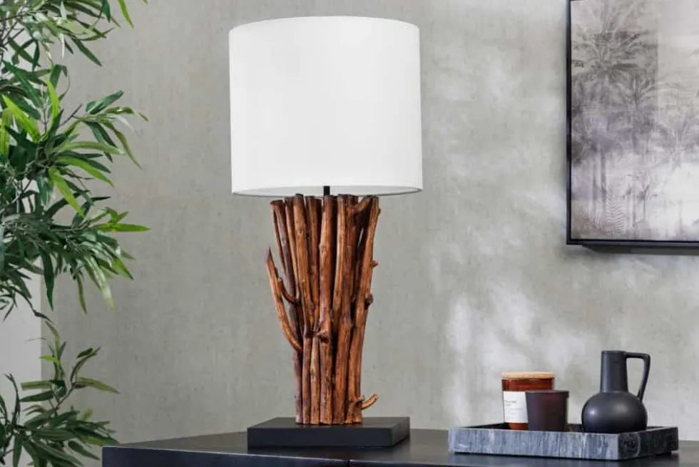 Design Tischlampe EUPHORIA 60cm natur weiß rund Massivholz handgearbeitet
