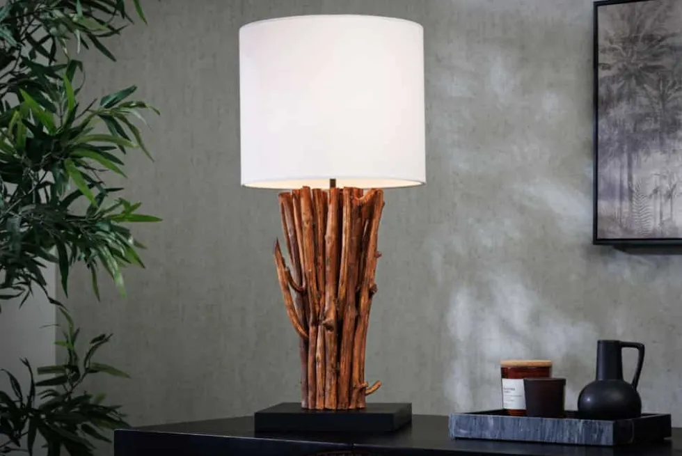 Design Tischlampe EUPHORIA 60cm natur weiß rund Massivholz handgearbeitet