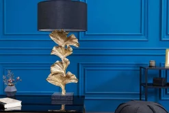 Design Tischlampe GINKGO 70cm schwarz Stoffschirm gold Metall handmade Marmor-Fuß