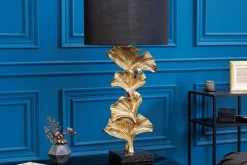 Design Tischlampe GINKGO 70cm schwarz Stoffschirm gold Metall handmade Marmor-Fuß