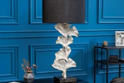 Design Tischlampe GINKGO 70cm schwarz Stoffschirm silber Metall handmade Marmor-Fuß