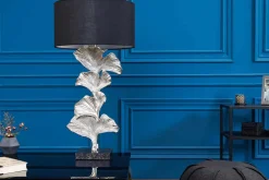 Design Tischlampe GINKGO 70cm schwarz Stoffschirm silber Metall handmade Marmor-Fuß