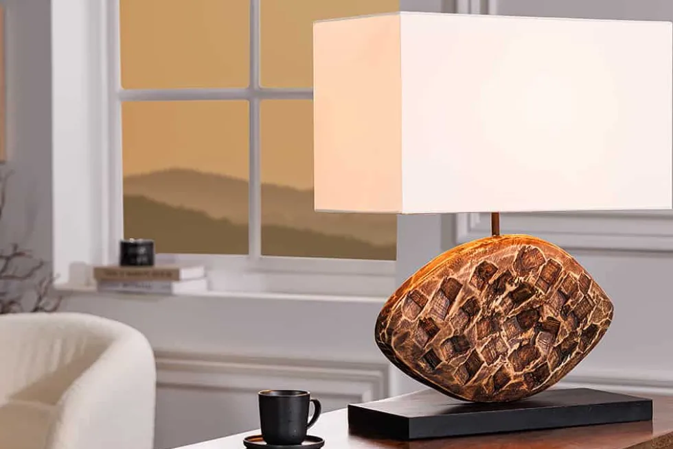 Design Tischlampe REEF 50cm Regenbaum Massivholz handmade Baumwollschirm weiß