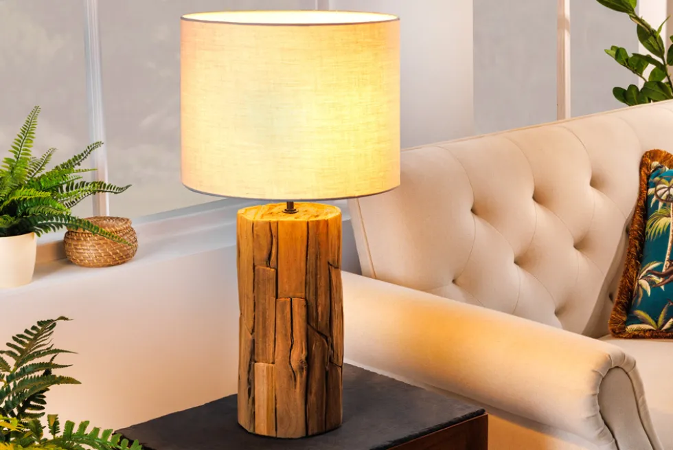 Design Tischlampe ROOTS 60cm Treibholz Leinenschirm grau handmade