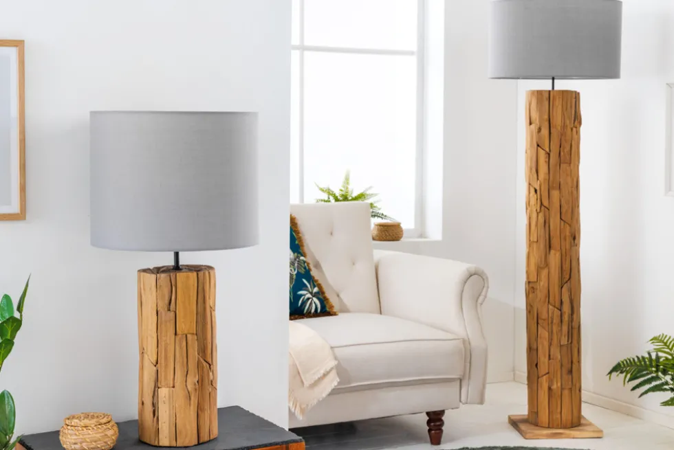 Design Tischlampe ROOTS 60cm Treibholz Leinenschirm grau handmade