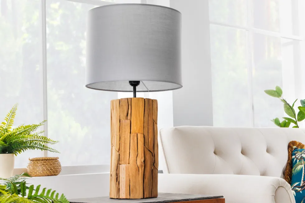 Design Tischlampe ROOTS 60cm Treibholz Leinenschirm grau handmade