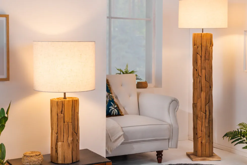 Design Tischlampe ROOTS 60cm Treibholz Leinenschirm beige handmade