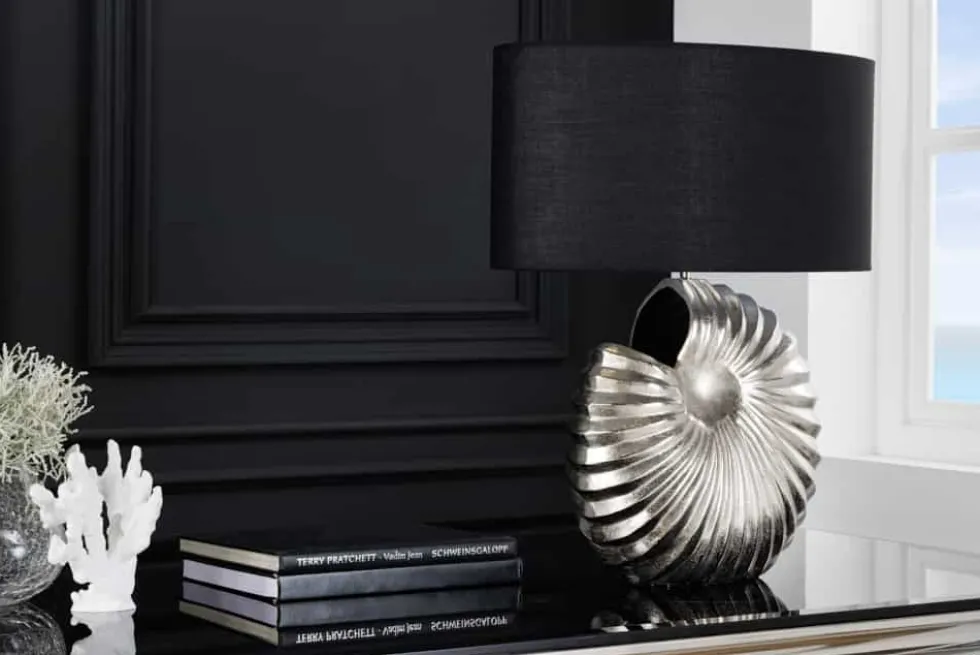 Design Tischlampe SHELL 60cm silber schwarz Metall Stoffschirm maritim