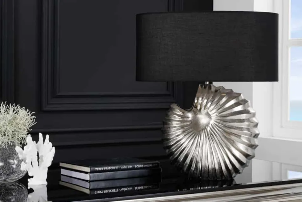 Design Tischlampe SHELL 60cm silber schwarz Metall Stoffschirm maritim