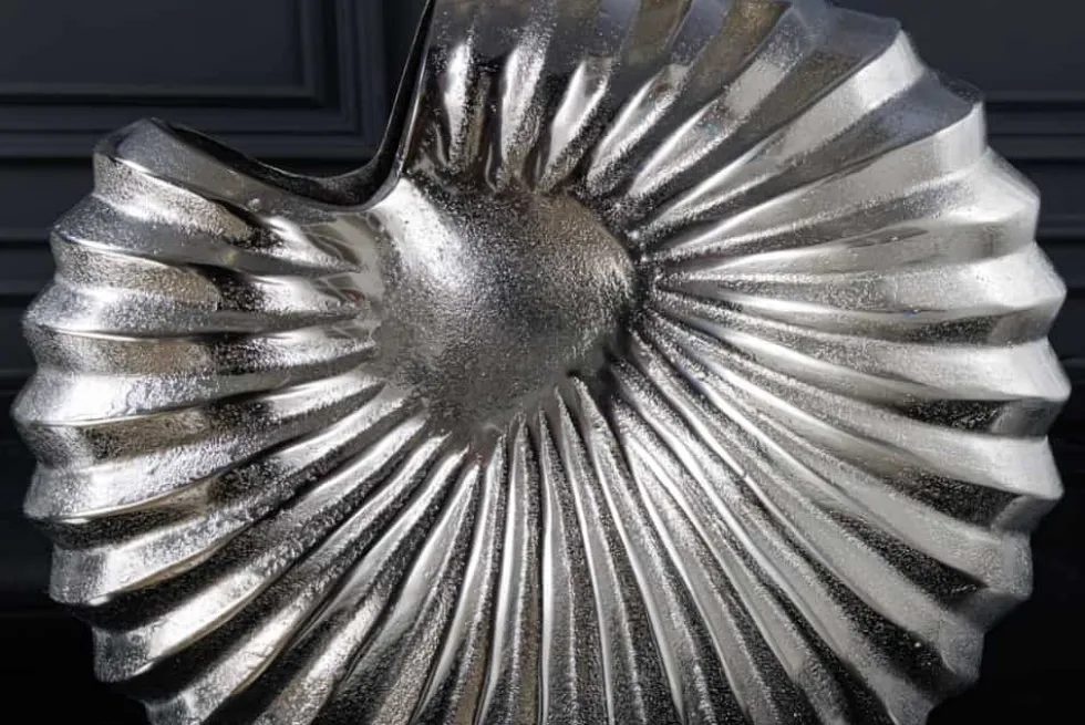 Design Tischlampe SHELL 60cm silber schwarz Metall Stoffschirm maritim